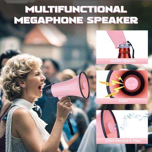 Pink 20W Megaphone Bullhorn with Siren & 240s Recording - Portable Outdoor & Indoor Amplifier
