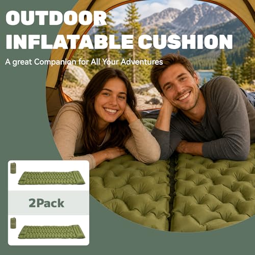 Inflatable Camping Sleeping Pad with Pillow and Foot Pump - 2 Pack, Lightweight and Compact for Tent, Backpacking, Hiking (Green)