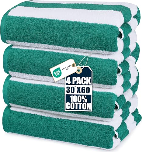 Green Beach Towels Set of 4 - 30x60 Inch Cotton Pool & Bath Towels