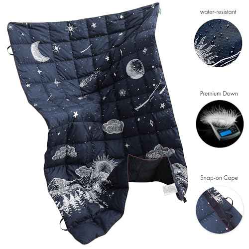 Down Camping Blanket, Ultralight Compact Packable Throw with Snaps for Outdoor Indoor, Travel Stadium Concert Picnic Beach, Puffy 650 Fill Down Water-Resistant Quilt (Midnight Sunrise)