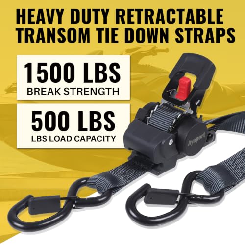 Black 1x5ft Retractable Boat Tie Down Straps with Double S Hooks - 2 Pack