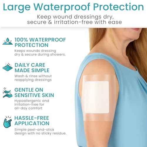 ViveCare Large Transparent Film Dressing - Waterproof Bandages - Clear Wound Cover for Showering, Tattoos - Protector Shower Shield for After Surgery - Post Surgical Patches for Skin (9¡± x 9¡±)