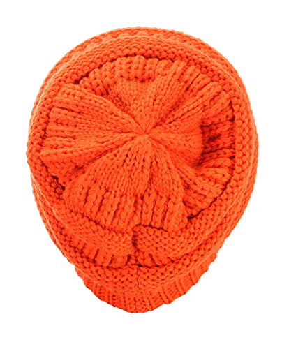 Unisex Neon Orange Cable Knit Beanie Hat - Warm Chunky Soft Stretch Winter Accessory
