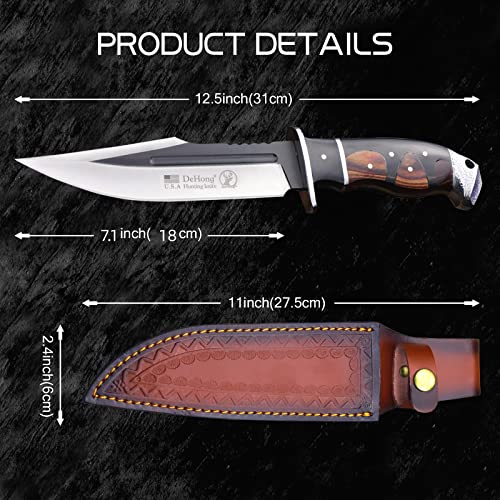 DeHong-88 Hunting Knife 7.1-Inch Fixed Blade Tactical Knife with Leather Sheath for Camping & Survival