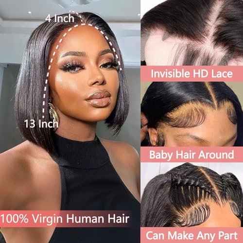 10 Inch Bob Wig Human Hair 13x4 HD Lace Front Wigs Pre Plucked Short Bob Wig Lace Frontal Wigs for Black Women, Short Straight Glueless Human Hair Wig with Elastic Band, 180% Density, Natural Black