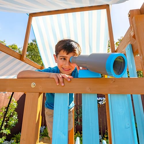 Teamson Kids Wooden Swing Sets for Backyard Outdoor Playset with Slide Rock Wall Trapeze Bar Fireman Pole Pirate Wheel Kids Playground with Swingset Holds 9 Children Ages 3 to 10