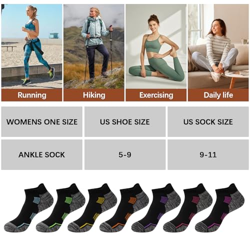 Cotton Ankle Socks 7 Pack - Black & Multicolor Cushioned Athletic Low Cut Running Socks