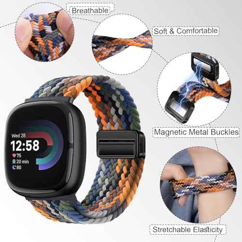 Braided Magnetic Bands Compatible with Fitbit Versa 4/Fitbit Versa 3/Sense 2/Sense 1,Soft Stretchy Elastic Nylon Sport Loop Strap for Women Men (Denim Blue)