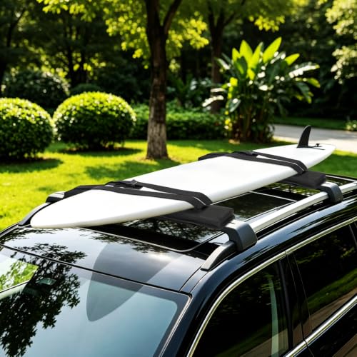 Universal Soft Roof Rack Pads with Roof Rack - Kayak Surfboard Canoe Luggage Carrier + Tie Down Straps
