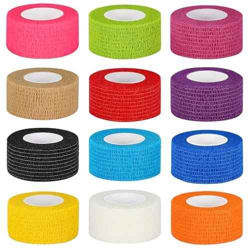 12 Pack Self Adhesive Bandage Wrap 1 Inch Cohesive Bandage Self Adherent Vet Wrap for Dog Pets Elastic Bandage Finger Tape Self Stick Wrap for First Aid Sports Athletic Tape (Mixed Colors)