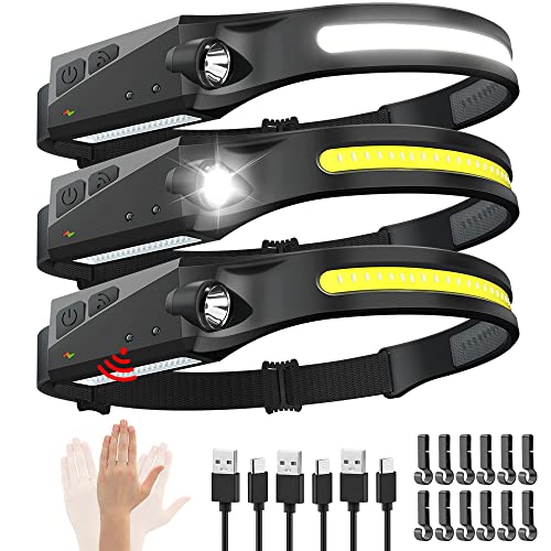 Rechargeable Headlamp 3PCS, 230¡Æ Wide Beam Head Lamp, Motion Sensor LED Headlamp Rechargeable, 5Mode Bright Headlamps for Adults, Head Lights for Forehead, Hard Hat Headlight, Camping Essentials Gear