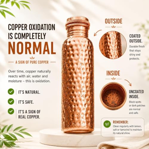 Copper Water Bottle 32oz Hammered Pure Copper Drinking Vessel with Leak-Proof Cap & Canvas Bag