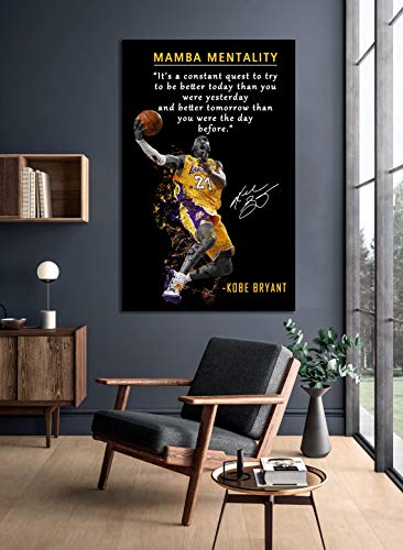 Kobe Bryant Mamba Mentality Quote Wall Art - 24 x 16 Inch Canvas Poster for Home Gym Office