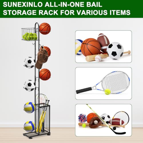 Sunexinlo 7-Tier Freestanding Basketball Storage Rack with Baskets for Indoor/Outdoor Sports Equipment