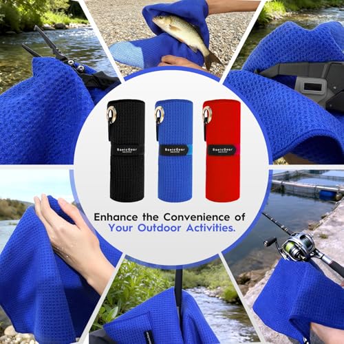 BasicGear Waffle Fishing Towel Set - 3 Pack 16x16 in Black Red Blue