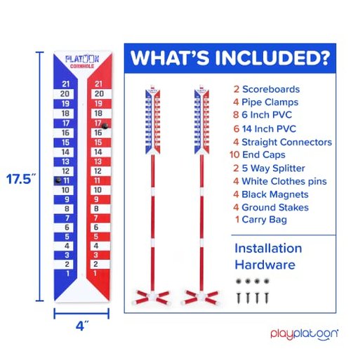 Play Platoon Cornhole Scoreboard Vertical Score Keeper 2 Pack Board & Accessories 4 Magnets, 4 Clothes Pin, PVC Tower Stand & Carry Bag Holder for Professional Corn Hole Bag Tournament
