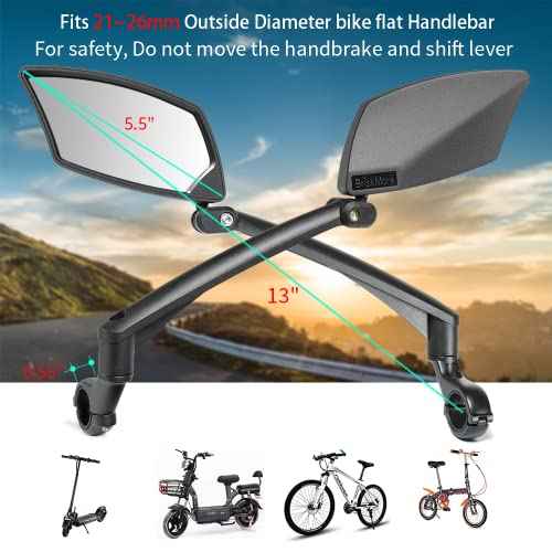 Handlebar Bike Mirror, Scratch Resistant Glass Lens, Ajustable and Rotatable Safe Rearview Bicycle Mirror