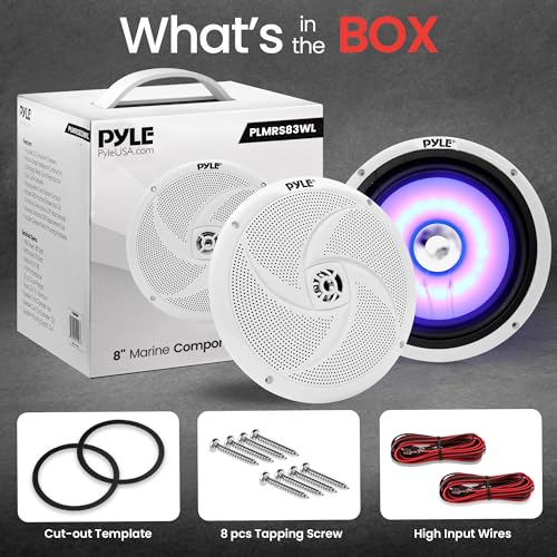 PyleUsa 8 Inch Marine Speakers - 2 Way Full Range Stereo Sound, 160 Watt, White - LED Light: Blue Illumination, Water-Resistant Design