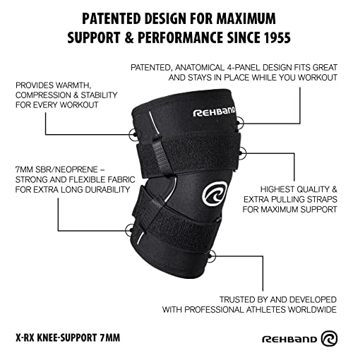 Rehband X-RX Knee Support with Straps, 1 piece, strong knee sleeve 7mm neoprene for heavyweight workouts, weightlifting & strongman, Colour:Black, Size:Medium