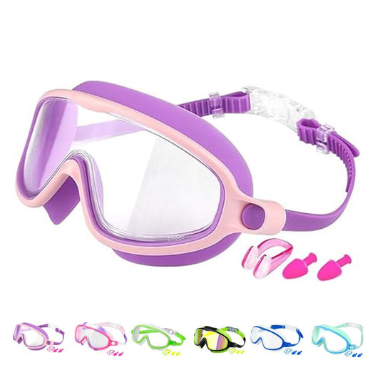Fodeuxp 2025 New HD Children's Large Frame Waterproof and Anti-fog Swimming Goggles, Wide View Swim Goggles for Kids 3-15 (Purple&Pink)