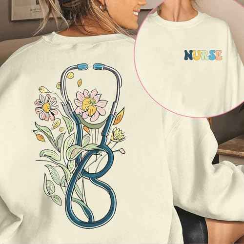 Nurse Graphic Crewneck Sweatshirts for women Floral Stethoscope Lightweight Sweatshirt Pullover Hoodie Nurses Gifts