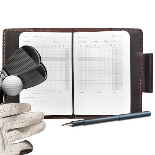 RAW HYD Leather Golf Scorecard Holder Book w/Slot & Pen Loop - Durable Full-Grain Leather Yardage Book & Lineup Card Holder - Refillable Log for Tracking Stats GIRs(Pen not included)