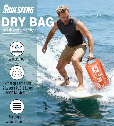 Soulsfeng Waterproof Dry Bag Backpack 20L Orange with Phone Case - Floating Kayak & Beach Storage