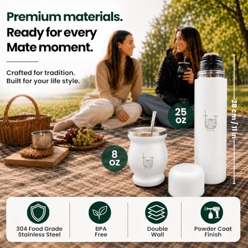 Yerba Mate Set with Stainless Steel Cup, Bombilla & Thermos - White Classic Kit