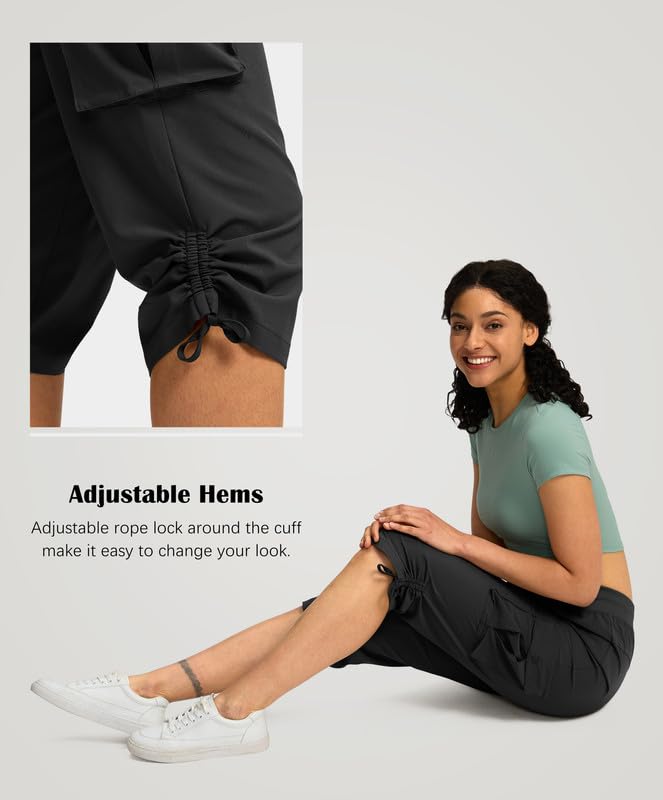Large Black Women's Cargo Capri Pants with 5 Pockets - Hiking Travel Casual