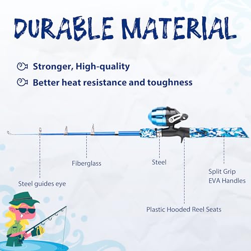 Kids Fishing Pole with Reel - Blue Beginner Kit for Boys Girls Ages 3-12
