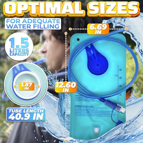 1.5L Hydration Water Bladder for Hiking Backpack - Blue, Wide Mouth, Fill Marks