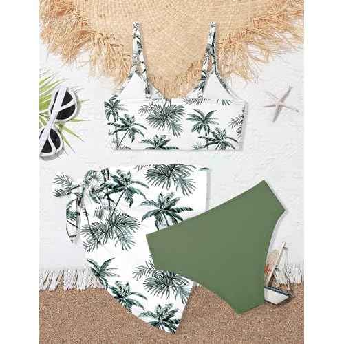 Girls Swimsuit V Neck Adjustable Straps Stylish Bikini with Cover Up 3 Piece Set Bathing Suits for Teen Girl