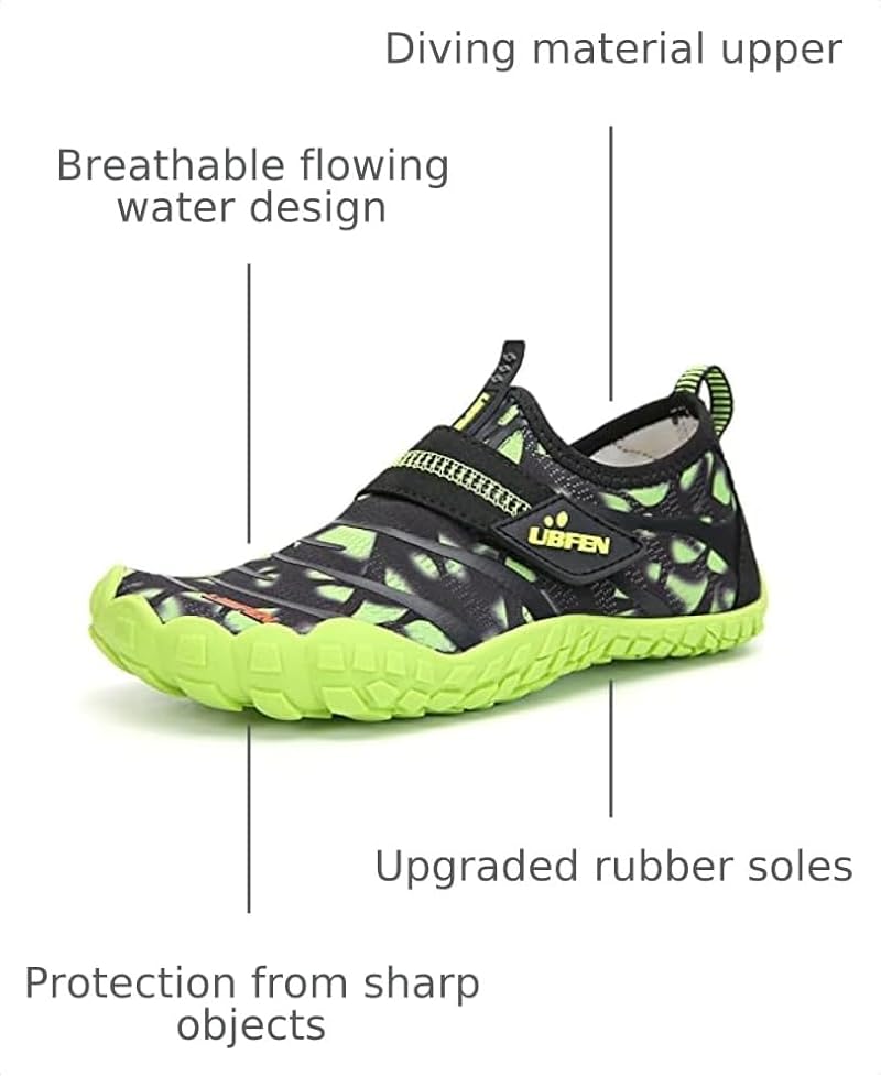 UBFEN Kids Water Shoes - Quick-Dry Aqua Socks for Boys & Girls, Green+2 Big Kid