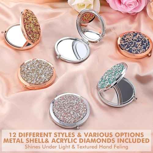 12 Pcs Small Compact Folding Pocket Makeup Mirror - Round Hand Held Mirror with 1X/2X Magnification for Women Girls Travel