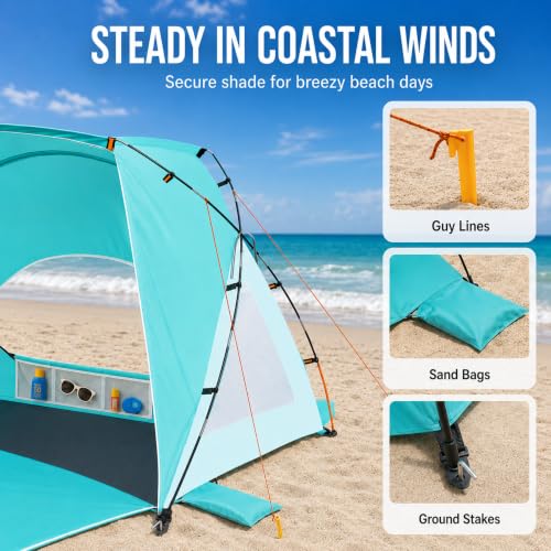 Portable Sun Shelter Beach Tent 3-Person Turquoise Ocean UPF 50+ UV Protection