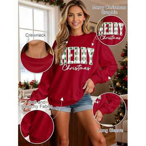 OUNAR Christmas Shirts For Women Merry Christmas Graphic Sweatshirt Christmas Crewneck Long Sleeve Xmas Holiday Pullover Tops