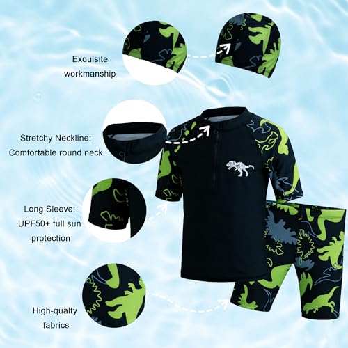Boys Swim Set with Rashguard Trunks & Cap - UPF50+ Quick Dry 7-8 Years Black