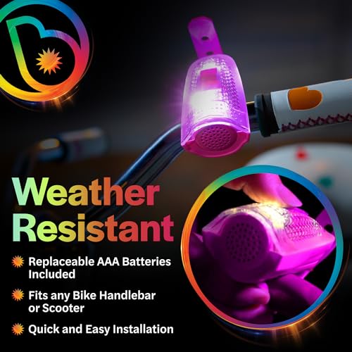 Pink LED Bike Horn with 12 Sound Effects & Color Changing Lights - Handlebar Mount, Weather Resistant