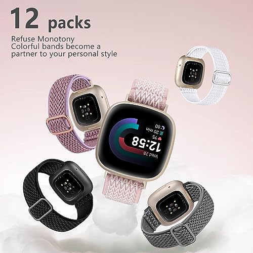 GEAK 12-Pack Fitbit Versa 4/3 Sense Bands Women - Black, Violet, Gray, Pink, Green Arrow, Boho Green, Mint Green