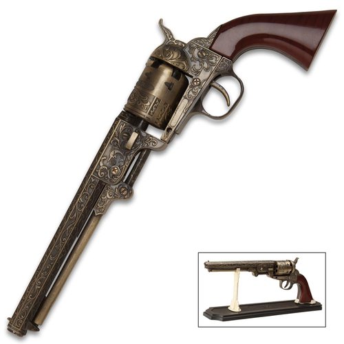 Outlaw Revolver Replica with Stand | 6 1/2" Stainless Steel Barrel | Wooden Grip | Includes Display Stand | Authentic Replica