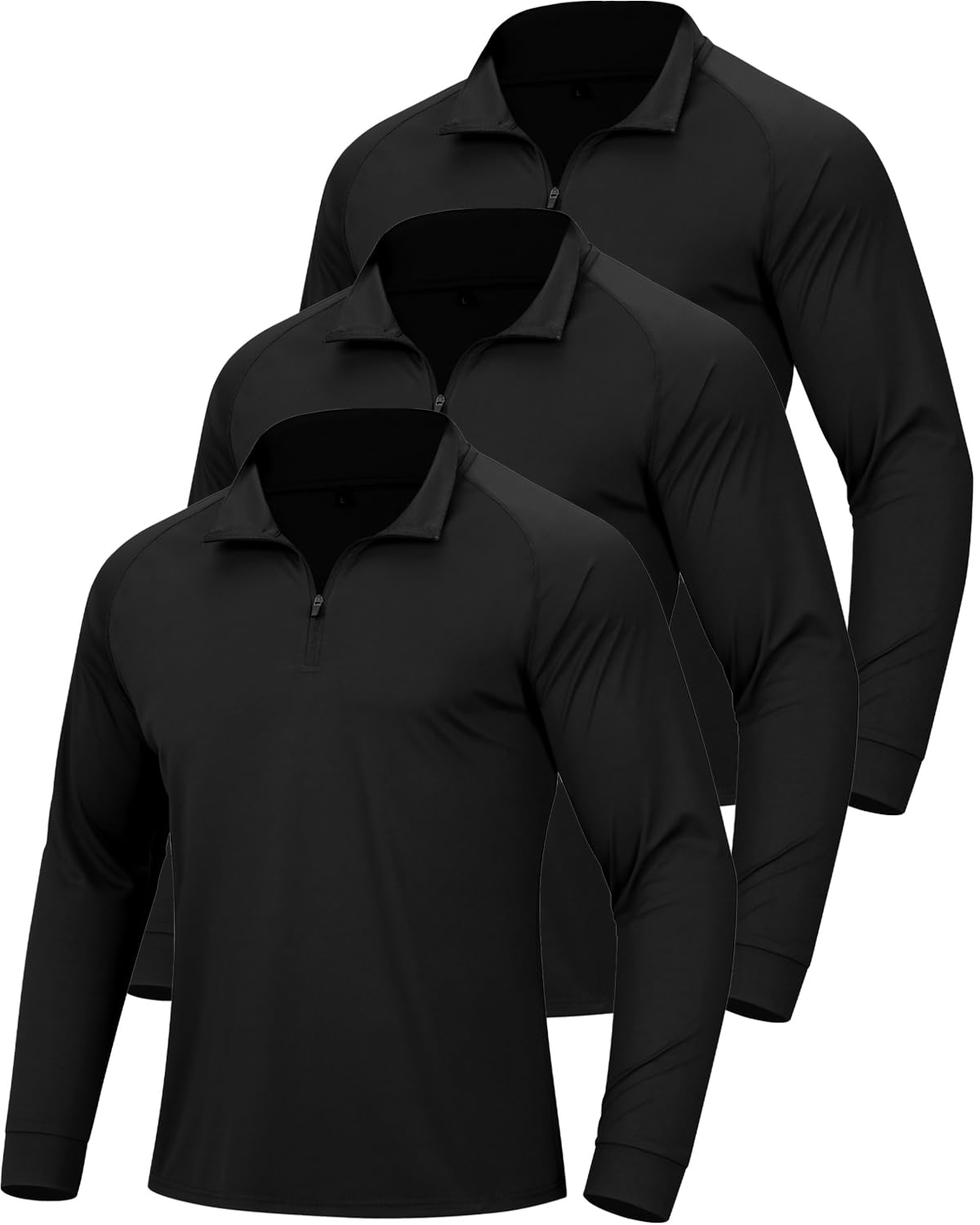 GYMELITE 3Pack Men's Long Sleeve Sweatshirts Quarter Zip Shirts Athletic Pullover Quick Dry Tops for Running Workout Golf Gym(BKBKBK L) Black