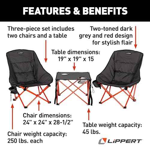 Lippert Baja Overlanding 3-Piece Chair & Table Set, 600-Denier Polyester Folding Chairs, Dual Cupholders, Innovative Scoop for Ultimate Comfort, Fold-up Convenience - 2023053719