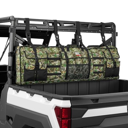 KEMIMOTO Double UTV Tool Bag Rack, Hunting Tool Holder Rack Soft Carrier Case Rear Roll Cage, Bow Storage Bag Compatible with Polaris Ranger Mule Uforce, Most General UTVs (Green Camo)
