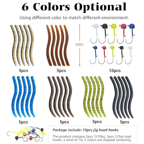 6 Color Ned Rig Kit Soft Plastic Worms with Jigs and Hooks - Bass Fishing Lures