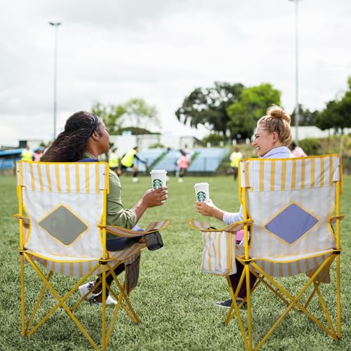 Outdoor Camping Chair with Cooler Pouch Foldable Portable Mesh Backrest Yellow 2 Pack