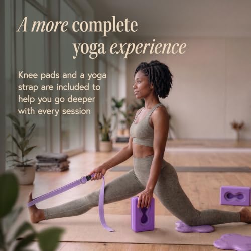 Purple Yoga Blocks 2 Pack with Wrist Support, Knee Pads & Strap - Exercise Set