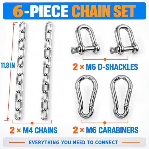 11.8 Inch Stainless Steel Chain Set with 2 D-Shackles & 2 Carabiners - 4MM