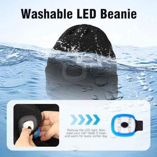Unisex Beanie Hat with LED Light, USB Rechargeable Headlamp Caps, Windproof Warm Knit hat for Adults, 3 Brightness Modes for Fishing, Camping, Hiking Black