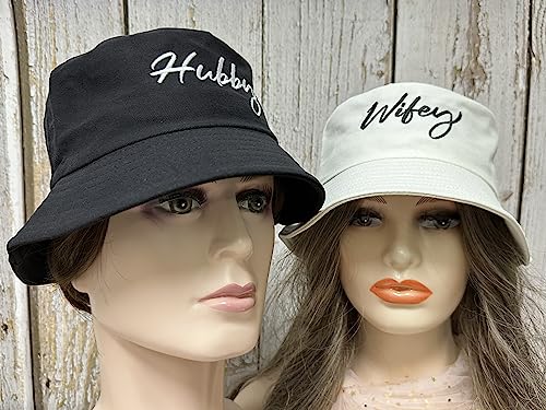 Mr Mrs Hubby Wifey Captain First Mate Bucket Hats Set - One Size Black & White