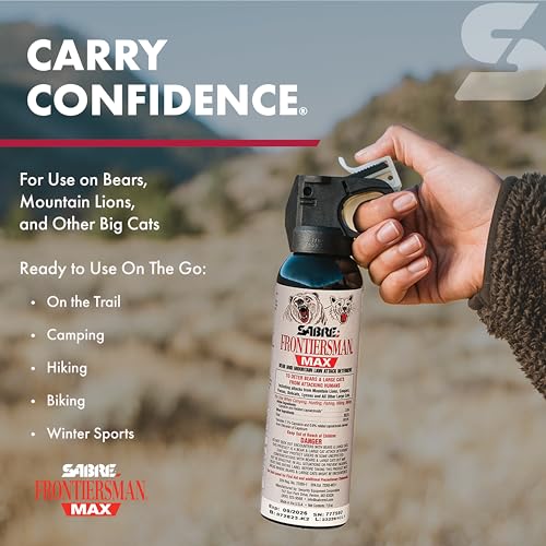 SABRE Frontiersman MAX Bear Spray ? 40 ft Range, Maximum Strength, The Only EPA-Registered Spray for Bears & Mountain Lions, 7.9 oz, Glow Safety Clip, Outdoor Hiking & Camping Protection